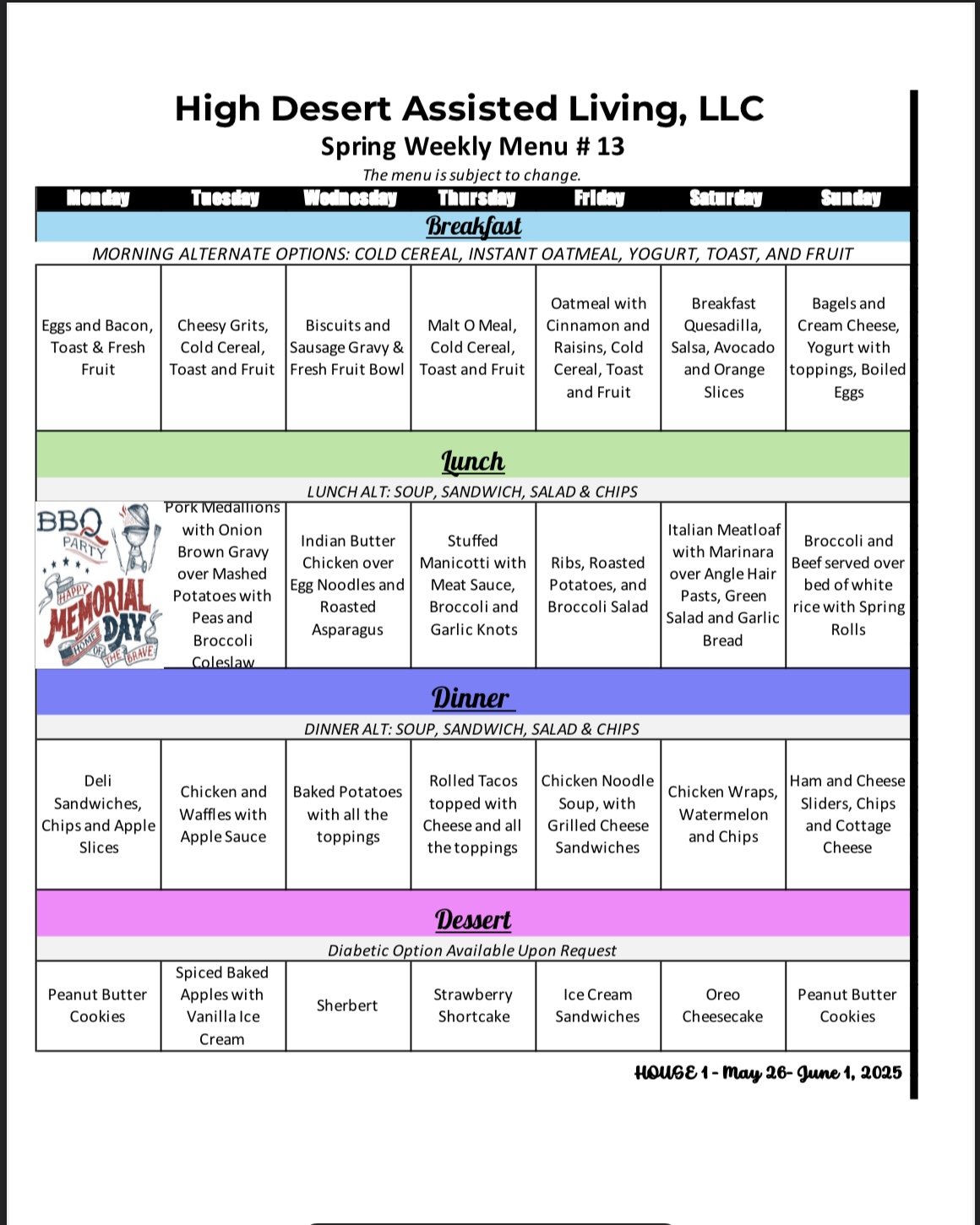 House 1 weekly menu